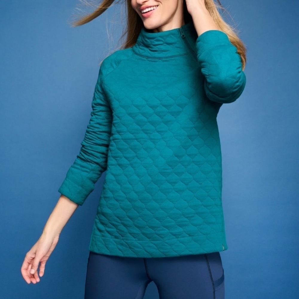 T By TALBOTS Quilted Bright Blue Sweater Side Neck Zip Up Cozy Layering Sweater